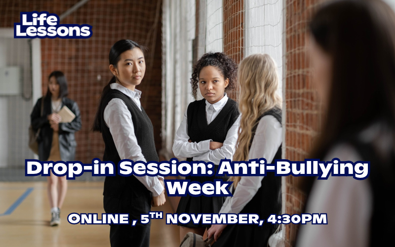 A group of three girls look over at another girl with bullying undertones